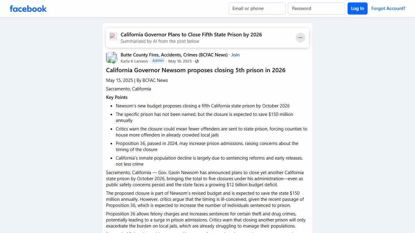 Butte County Fires, Accidents, Crimes (BCFAC News) # **California Governor Newsom proposes closing 5th prison in 2026** Facebook
